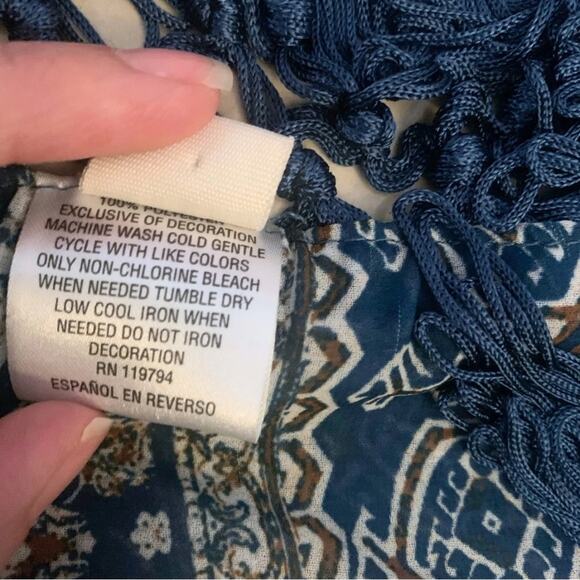 Boho Western Teal Blue Tan Brown Print Bandana Neck Scarf Size XS Fringe - Picture 9 of 11